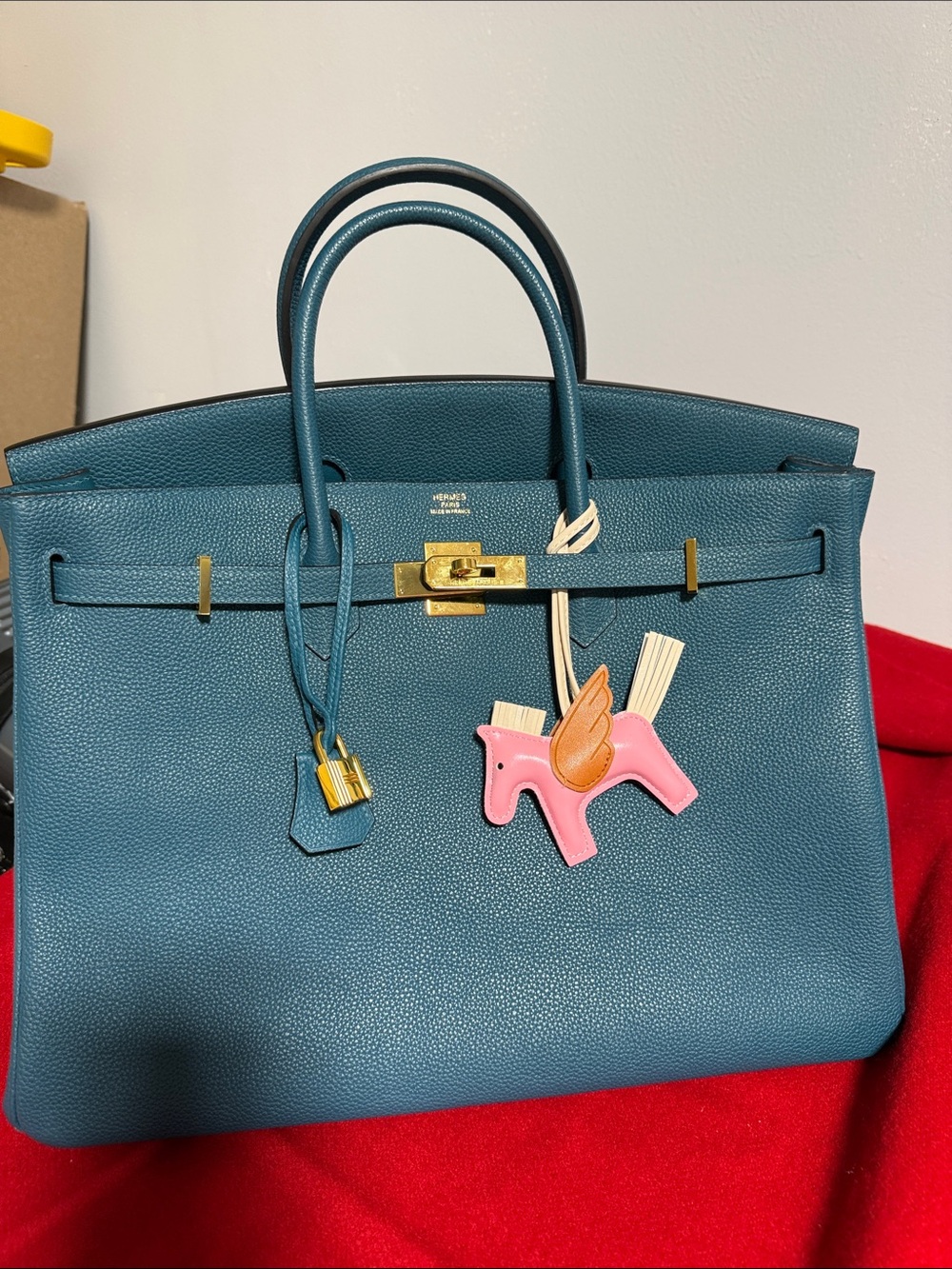 Size 40 Teal Leather Structured Top-Handle Bag with Gold Hardware